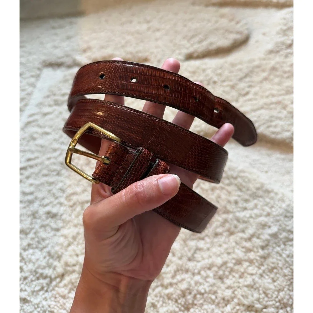 Vintage Coach 3870 Genuine Tejus Lizard Skin Belt Cognac Brown Brass USA Size 40